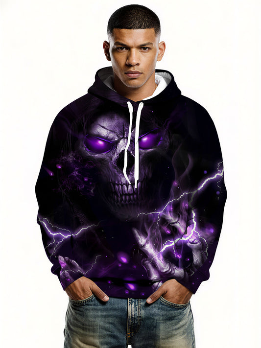 Men Women 3D All Over Print Skull Lightning Hoodie Purple Glow Gothic Streetwear Pullover