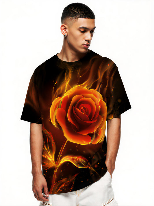 3D Flaming Rose All Over Print T-Shirt for Men Women, Fire Flower Graphic Streetwear Sweatshirt