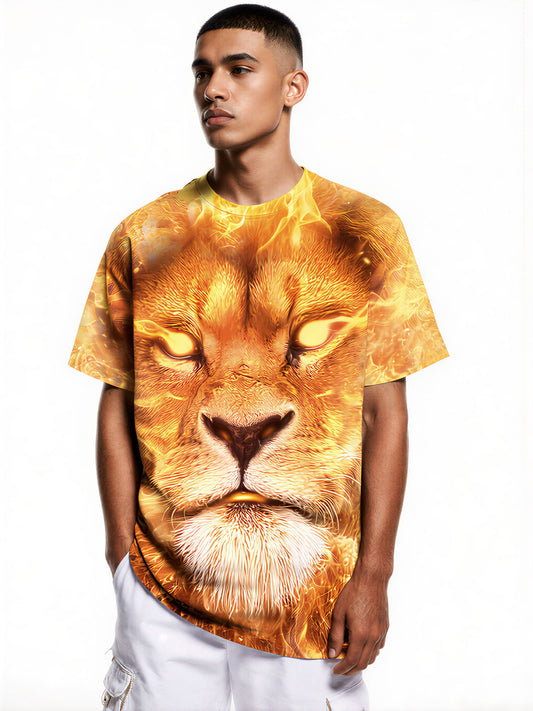 3D All Over Print Lion Fire T-Shirt for Men Women, Bold Graphic Streetwear Pullover
