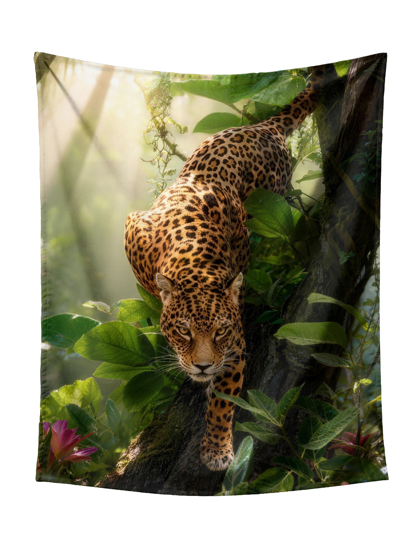 Leopard Descending From Tree In Lush Jungle Tapestry - Intense Wildlife Wall Hanging with Vibrant Flowers for Bold Home Decor