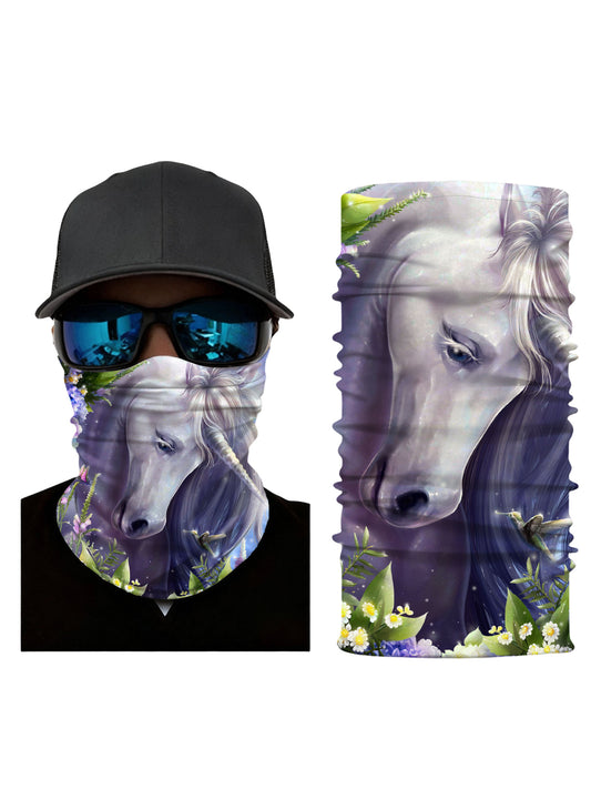 Unisex Neck Gaiter with 3D all over print featuring mystical unicorn, blooming flowers and hummingbird in dreamy fantasy aesthetic, soft stretchy breathable fabric for outdoor wear