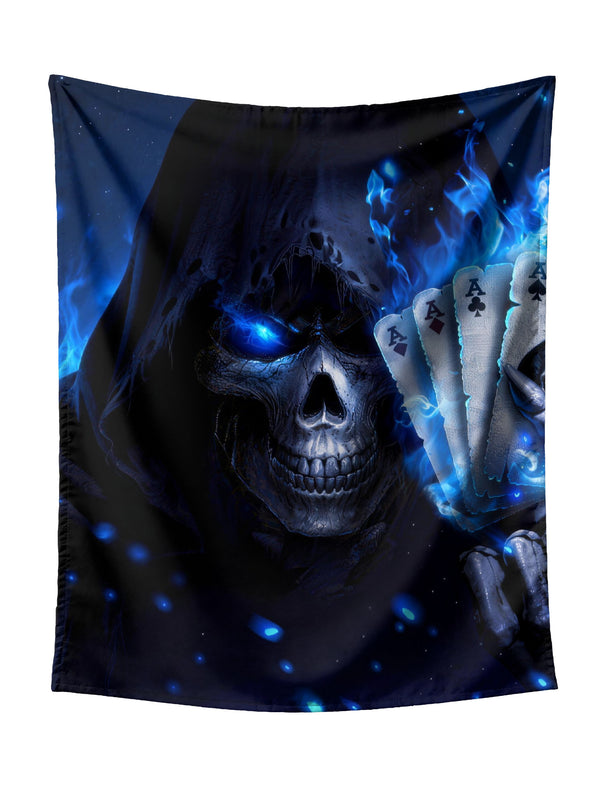 Grim Reaper Holding Four Aces With Blue Flames Tapestry - Edgy Dark Fantasy Wall Hanging for Bold Home Decor