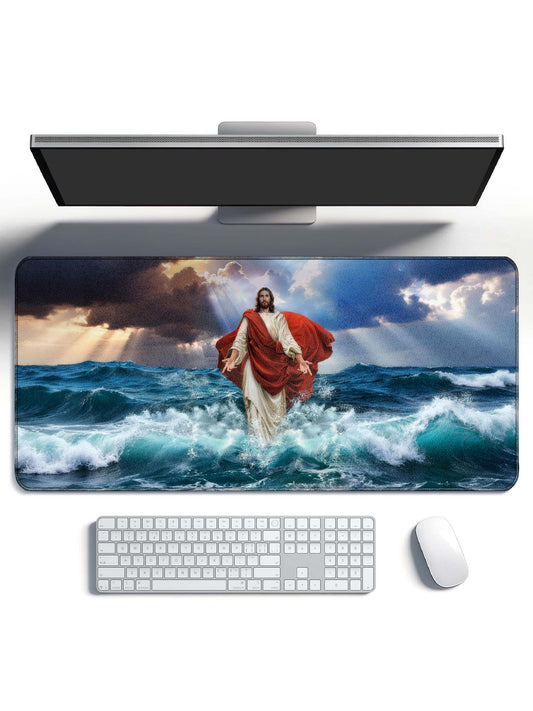 Jesus Walking On Water Amidst Stormy Seas Desk Mat