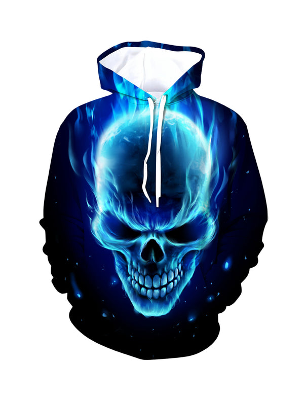 3D All Over Print Blue Fire Skull Hoodie for Men Women Streetwear Graphic Pullover