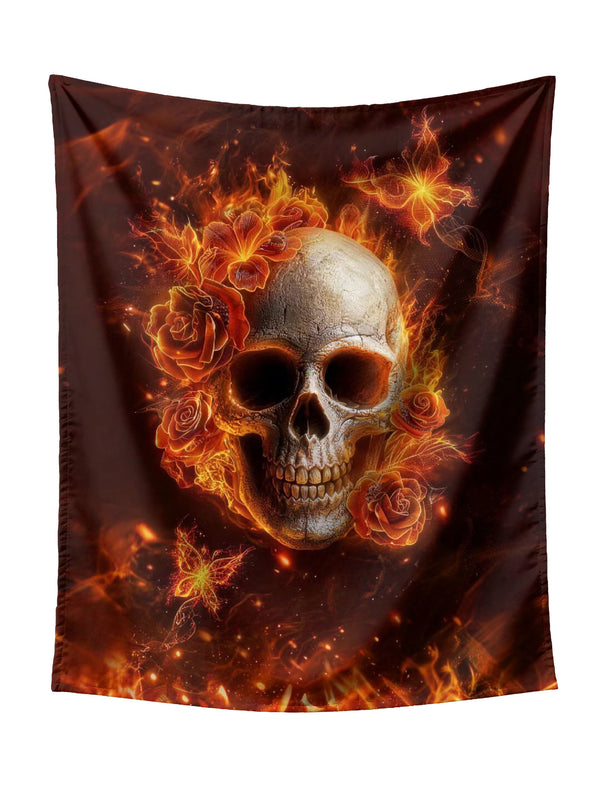 Skull With Fiery Roses & Butterflies Tapestry - Mysterious Dark Art Wall Hanging for Gothic Home Decor