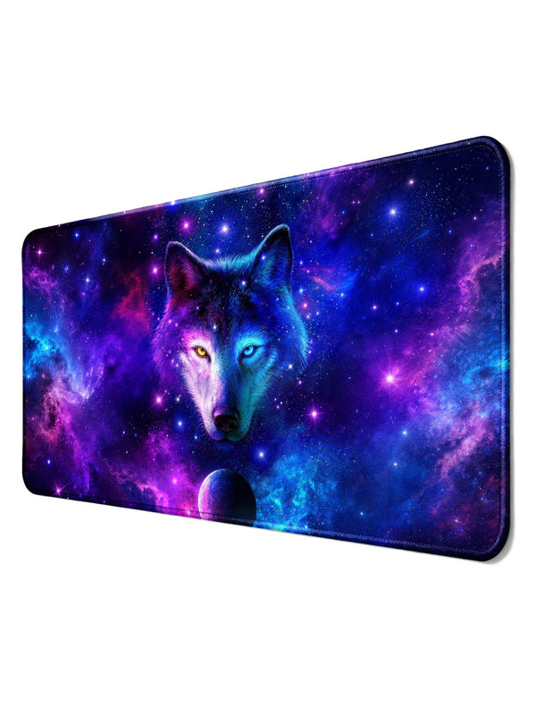 Cosmic Wolf With Dual Colored Eyes & Nebula Desk Mat
