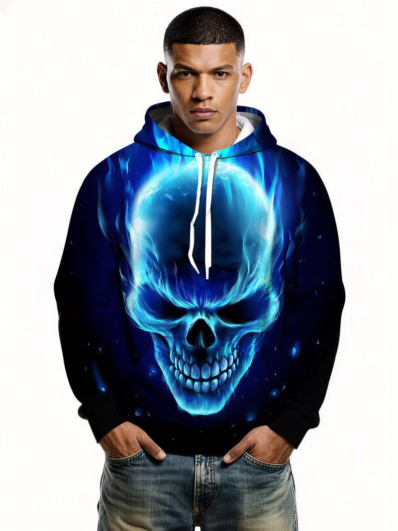 3D All Over Print Blue Fire Skull Hoodie for Men Women Streetwear Graphic Pullover