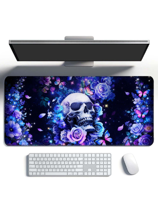 Skull Surrounded By Blue & Purple Roses & Butterflies In Dark Galaxy Desk Mat