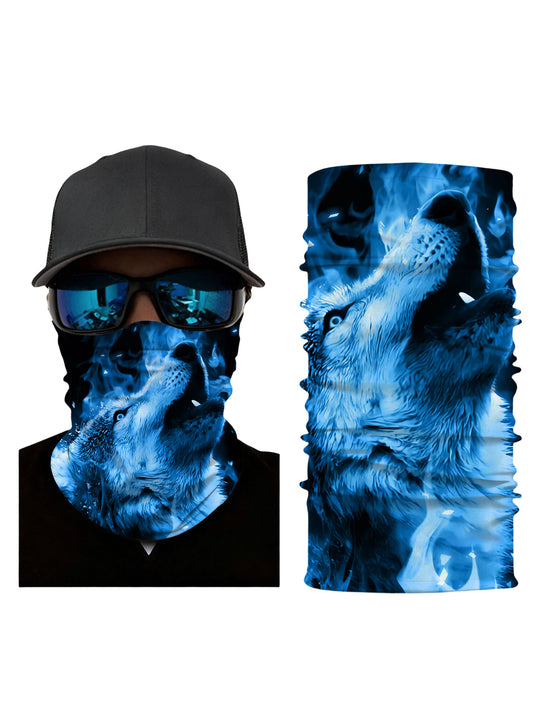 Tube Face Mask with 3D all over print icy wolf howling in blue flame aesthetic unisex breathable soft stretchy windproof for streetwear lovers