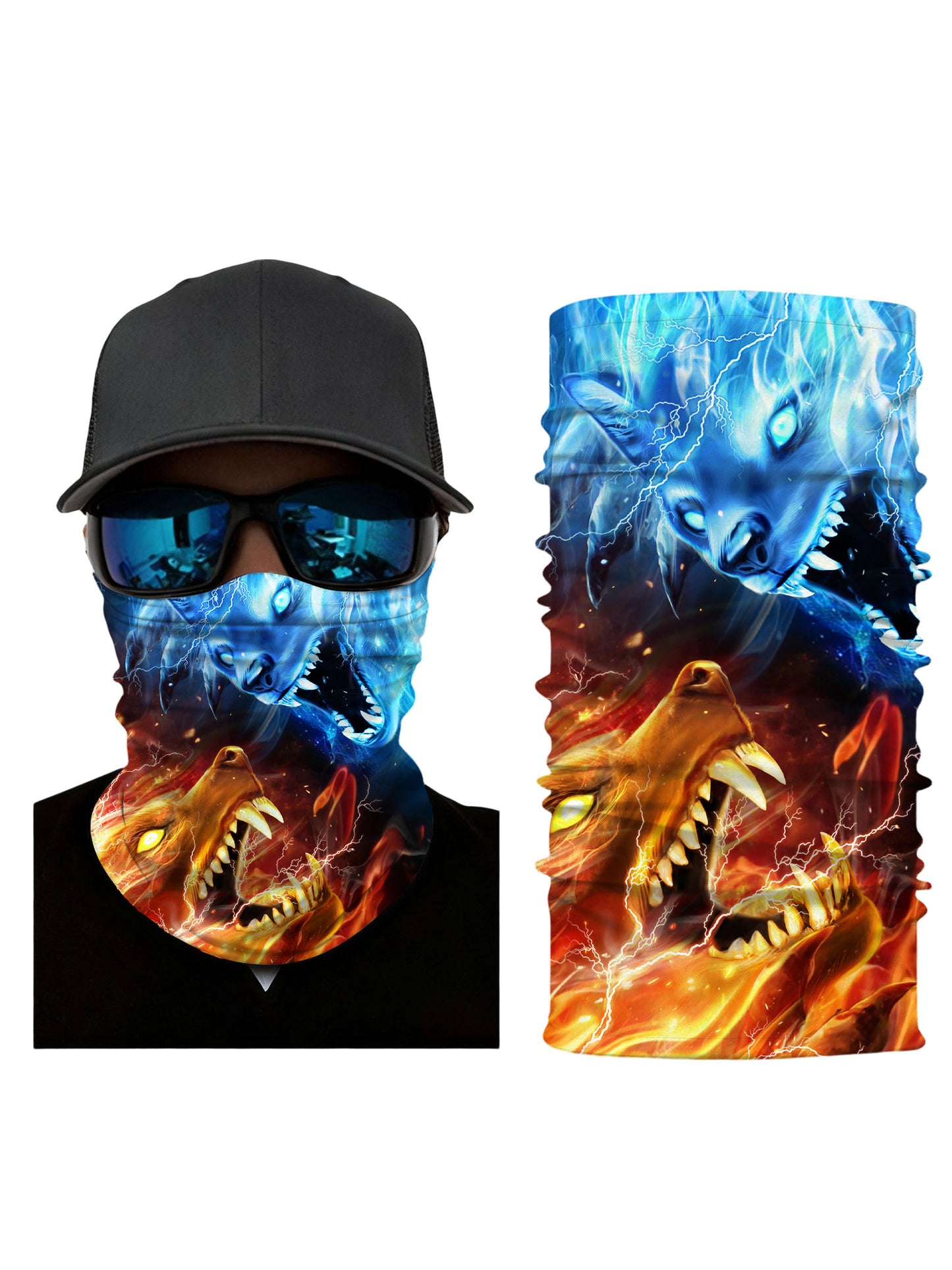 Electric Blue & Fire Orange Cosmic Wolf 3D Neck Gaiter – Unisex Streetwear Mask