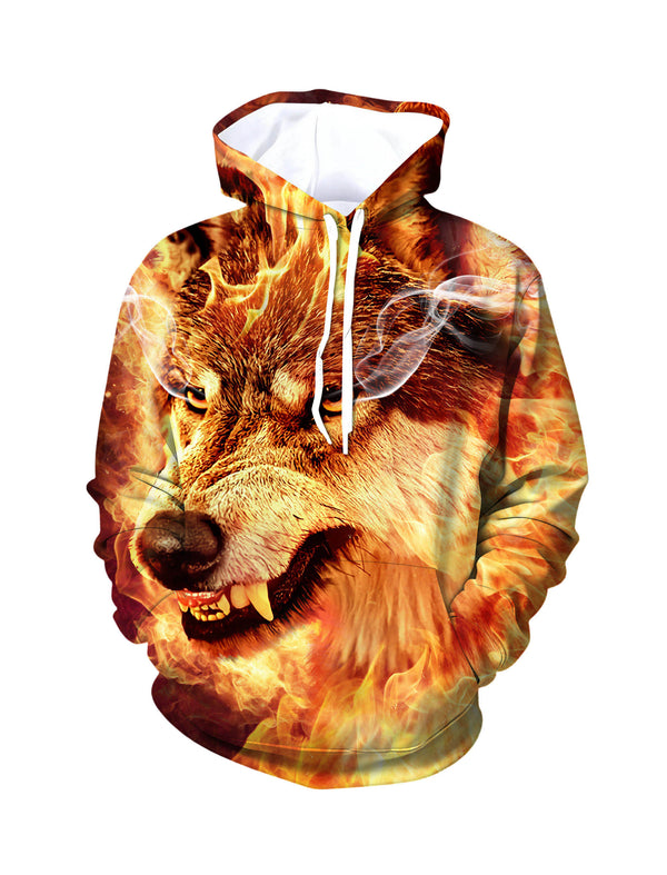 Trendy Flame Wolf Graphic Hoodie Unisex Oversized Casual Pullover