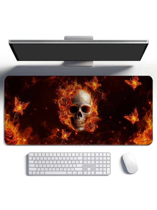 Burning Rose & Fiery Butterfly Skull Large Office Desk Mat