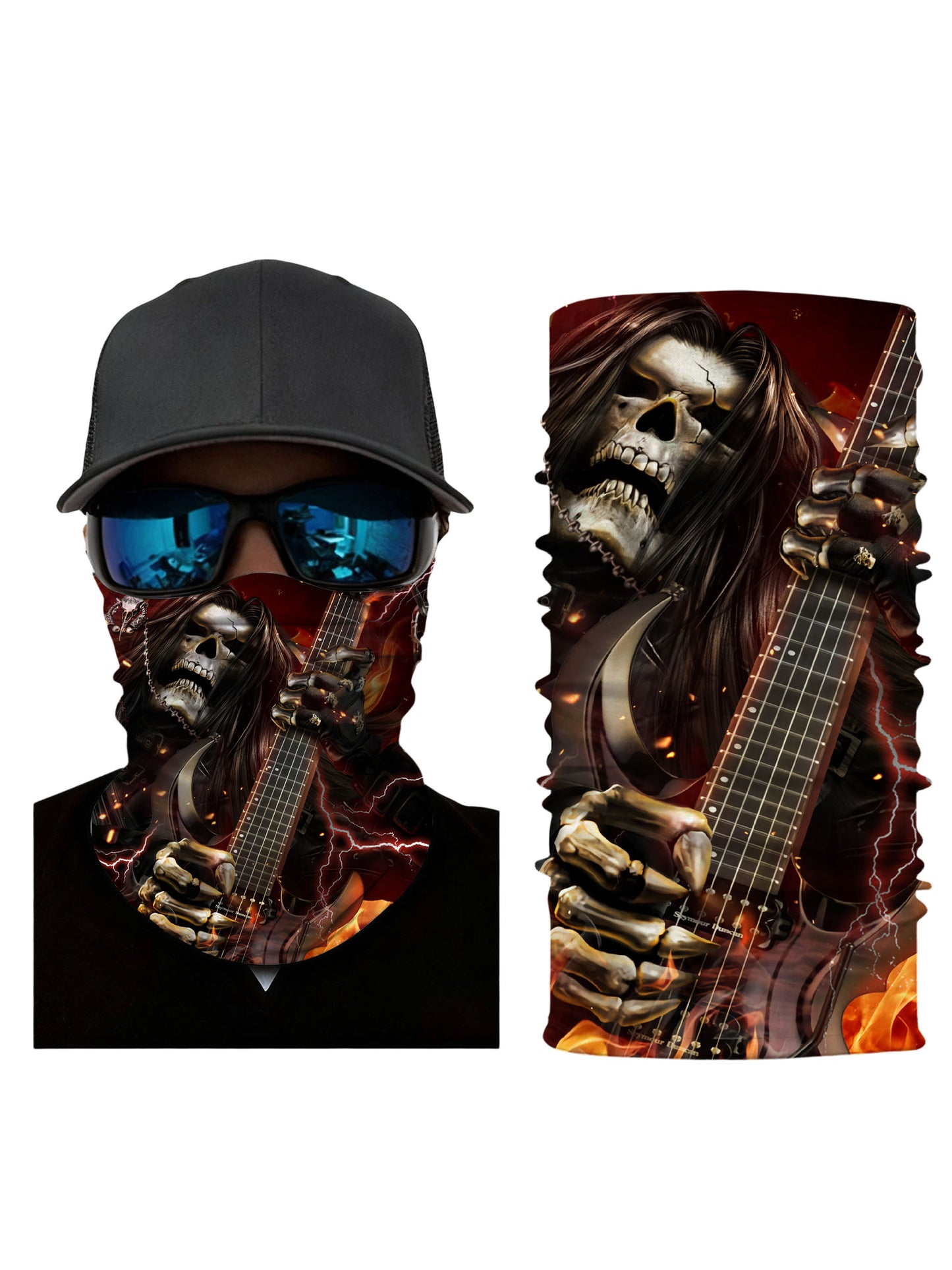 Balaclava with 3D all over print featuring graffiti skull and lightning guitar, Streetwear unisex tube face mask, breathable fabric, windproof for concerts and festivals