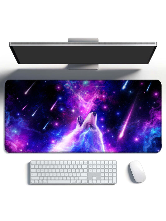 Howling Cosmic Wolf With Shooting Meteors & Nebula Desk Mat