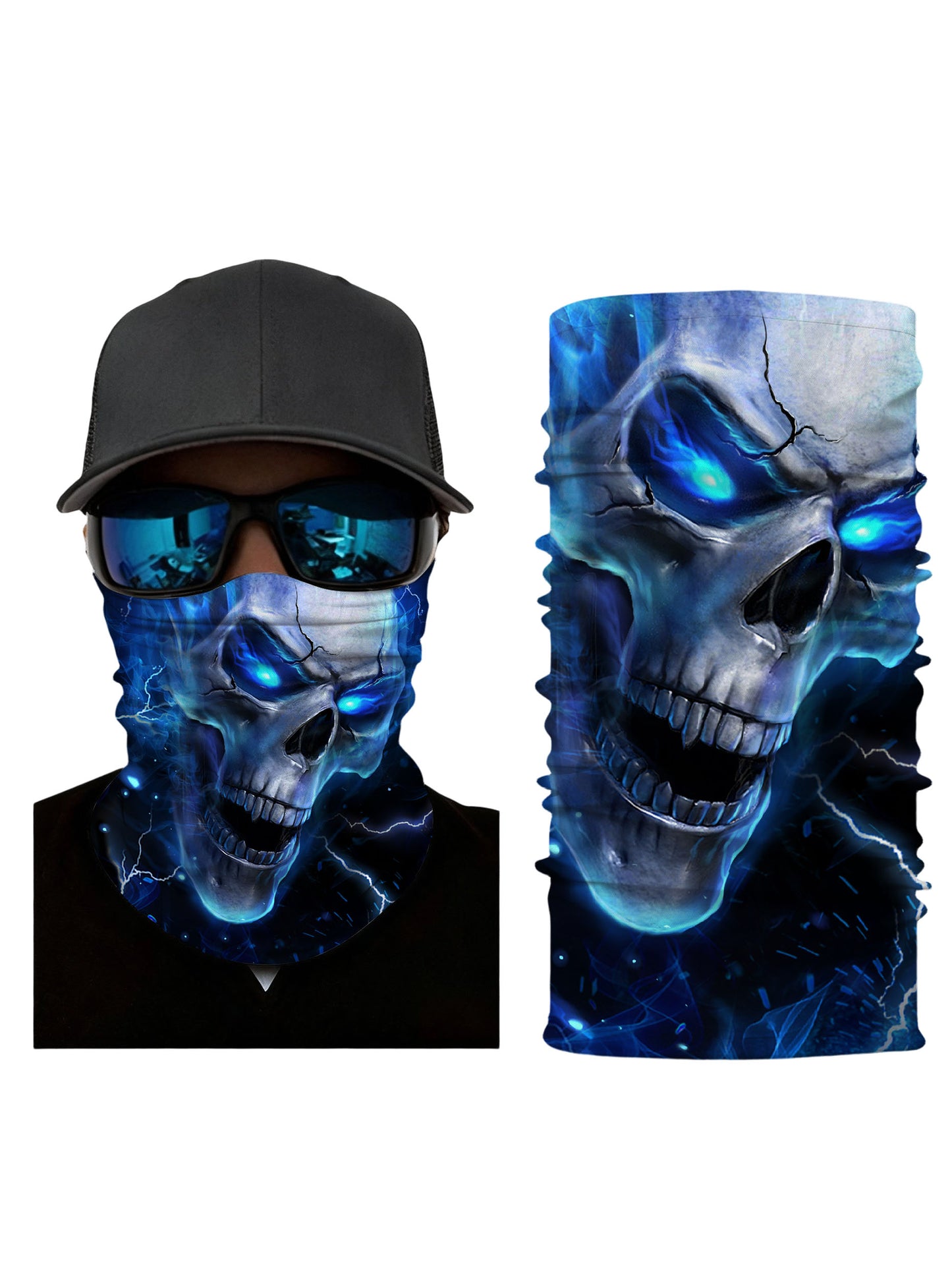 Glowing Blue Skull Lightning 3D Print Neck Gaiter – Unisex Gothic Aesthetic Face Mask