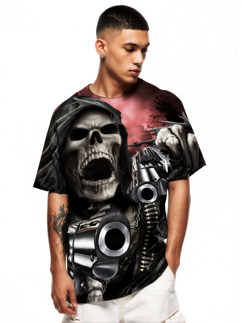 Men Women 3D Skull Reaper with Guns All Over Print T-Shirt Horror Graphic Design