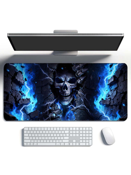 Skull Breaking Through Stone Wall With Blue Flames & Lightning Gaming Desk Mat