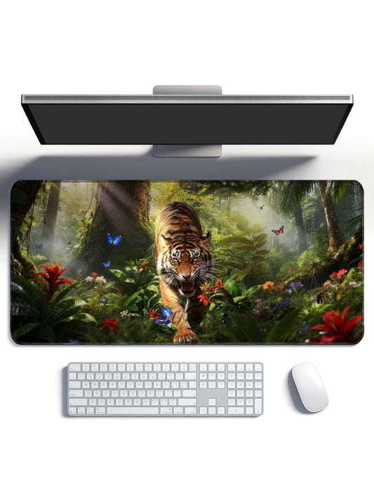 Tiger Charging Through Tropical Rainforest Extended Desk Mat