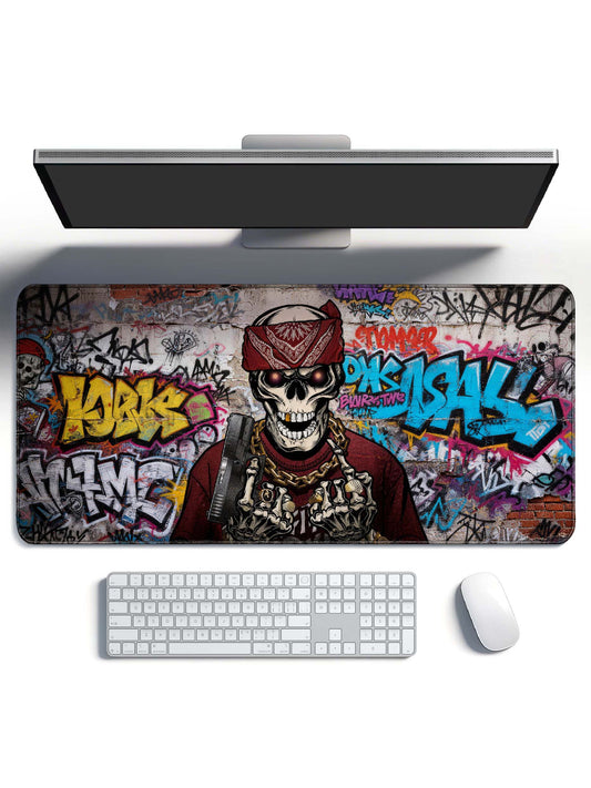 Hip Hop Skull With Bandana & Gun In Graffiti Wall Background Desk Mat