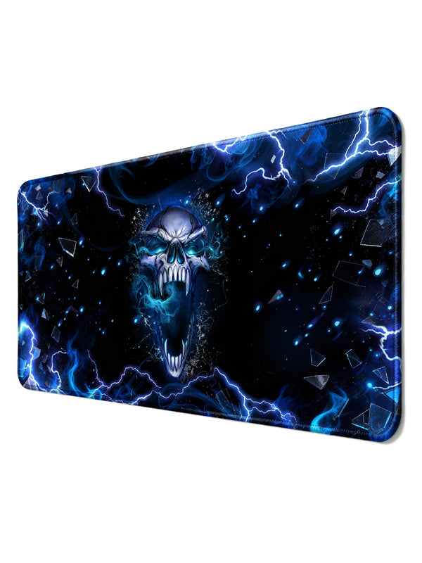 Blue Flame Skull Roaring With Shattered Glass & Lightning Desk Mat