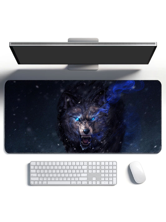 Fierce Black Wolf With Blue Eyes And Smoke Extended Desk Mat