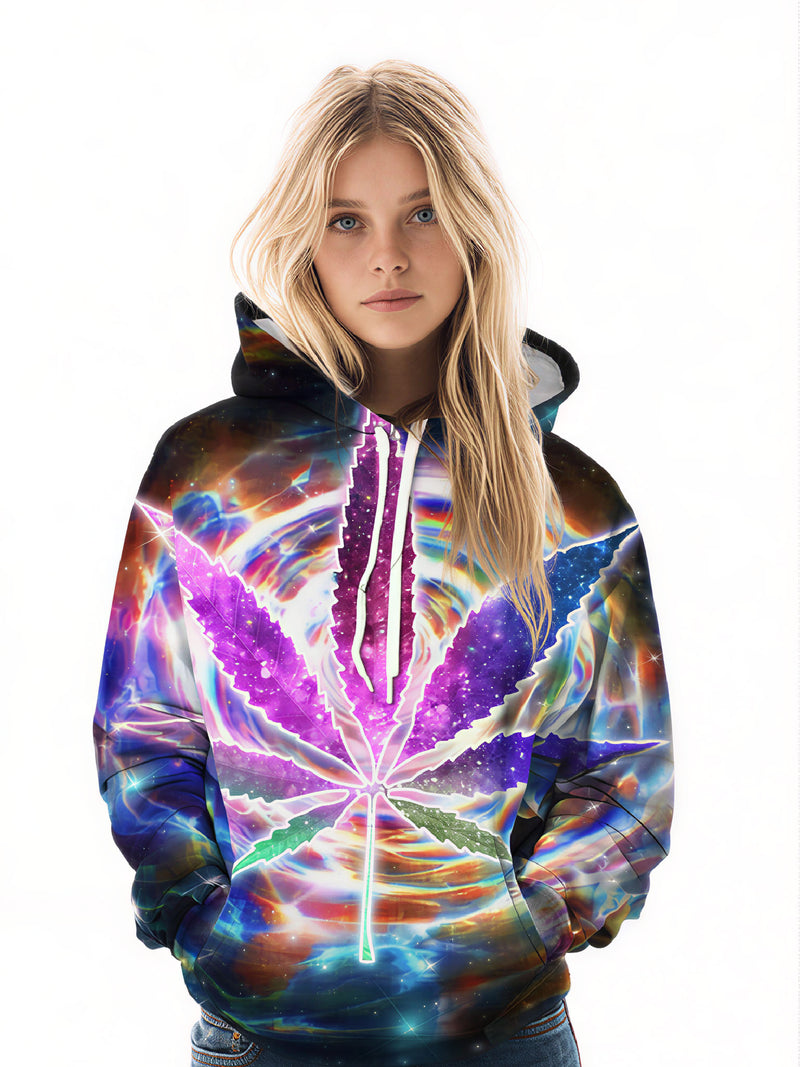 Galaxy Cannabis Leaf 3D All Over Print Hoodie Unisex Soft Cotton Blend Streetwear