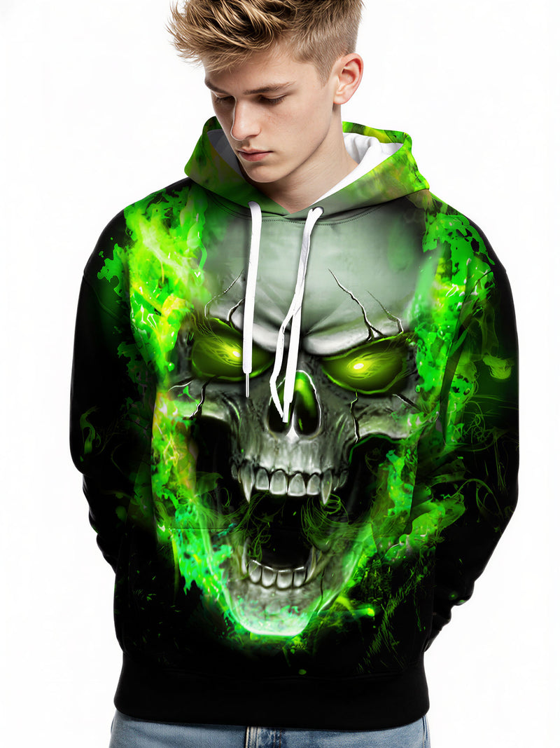 Men Women 3D All Over Print Skull Green Flame Hoodie Pullover Sweatshirt