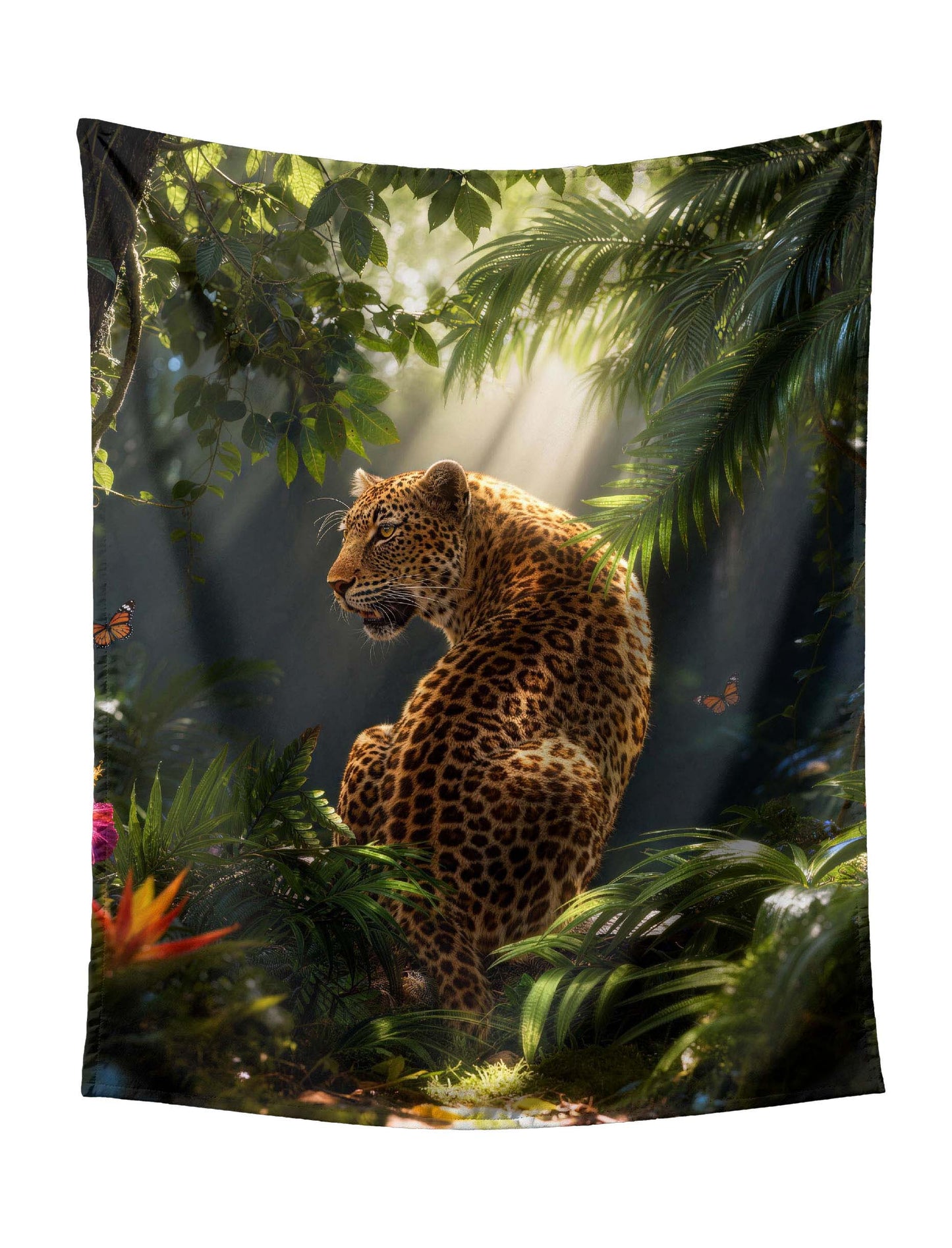 Leopard Looking Back In Dappled Sunlight Jungle Tapestry - Mysterious Wildlife Wall Art with Butterflies for Dark Themed Home Decor
