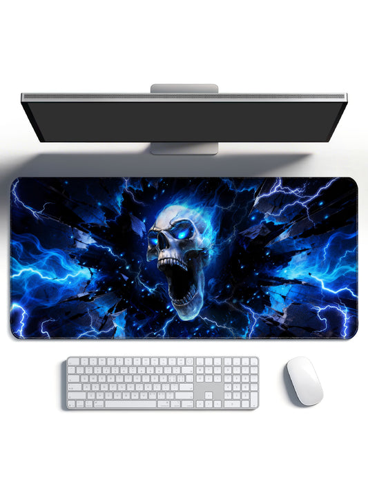 Blue Flame Skull Breaking Through Shattered Glass Desk Mat
