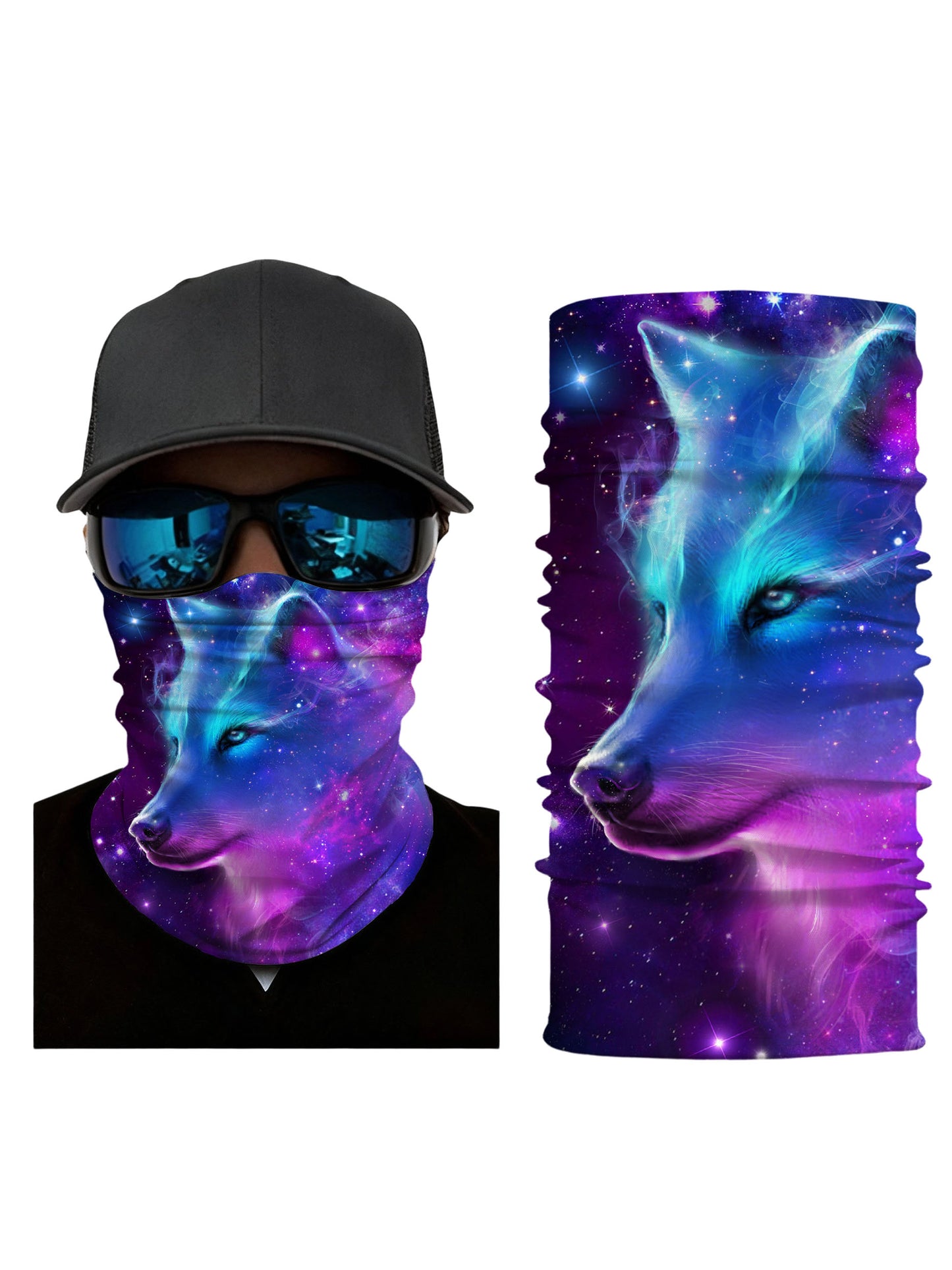 Neck Gaiter with 3D all over print galaxy nebula fox design, Aesthetic style, unisex, breathable fabric, soft stretchy, UV protection