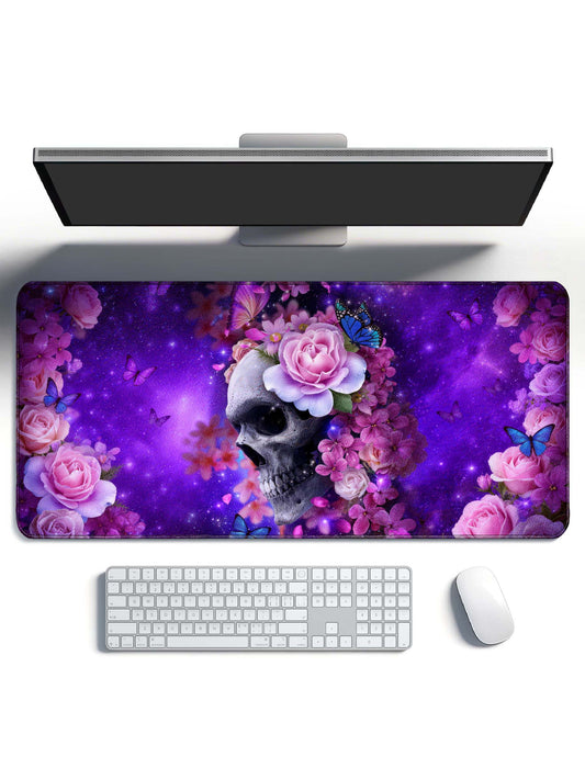 Skull Surrounded By Pink & Purple Flowers & Butterflies In Purple Nebula Desk Mat