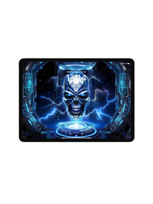 Blue Cyber Mecha Skull Digital Wallpaper