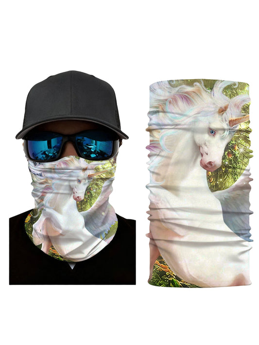 Unisex Neck Gaiter with 3D all over print featuring mystical unicorn in enchanted forest, Aesthetic style, soft stretchy and breathable fabric for outdoor wear