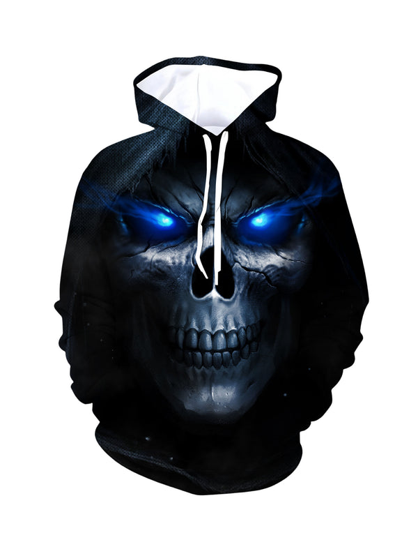 3D All Over Print Skull Hoodie with Glowing Blue Eyes for Men Women, Gothic Streetwear Style