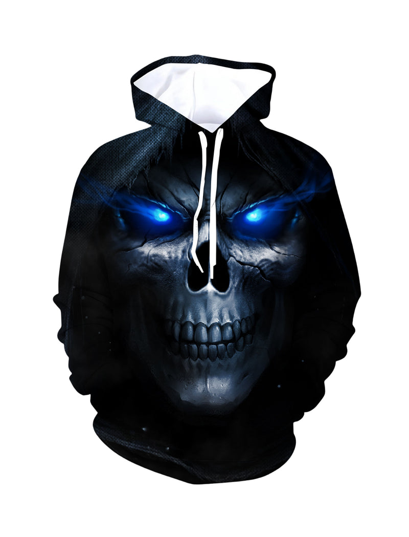 3D All Over Print Skull Hoodie with Glowing Blue Eyes for Men Women, Gothic Streetwear Style