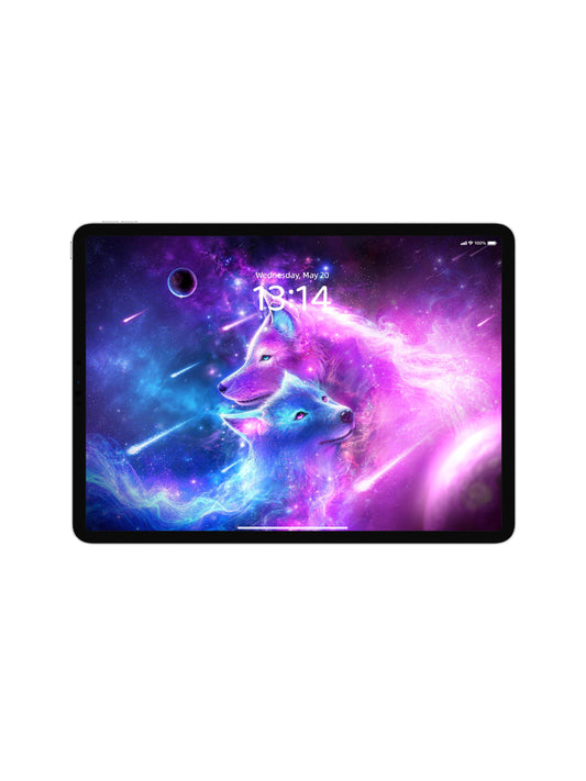 Pair Of Pink Blue Galaxy Wolves Digital Wallpaper