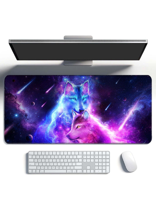 Two Cosmic Wolves (Blue & Pink) With Shooting Meteors Desk Mat