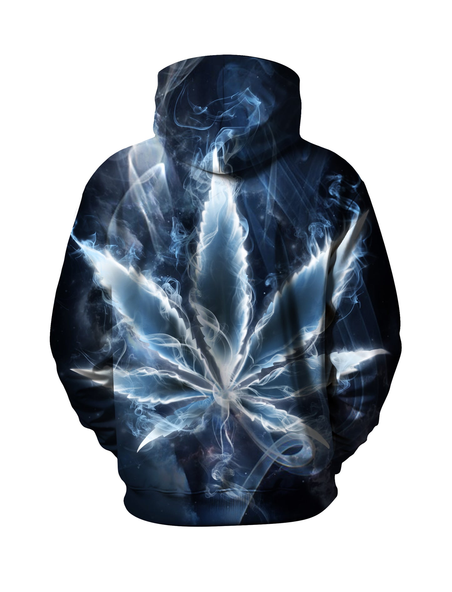 Unisex Pullover Hoodie with 3D All Over Print: Glowing Smoke Cannabis Leaf in Cosmic Nebula, Streetwear Aesthetic, Soft Cotton Blend, Loose Fit for Men Women