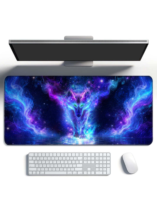 Glowing Cosmic Wolf Emerging From Water & Nebula Desk Mat