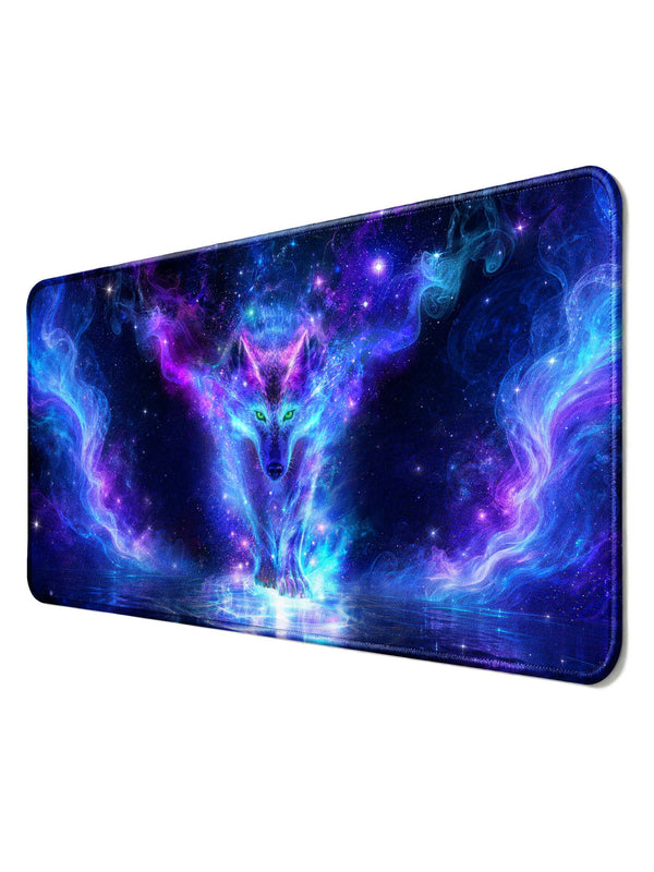 Glowing Cosmic Wolf Emerging From Water & Nebula Desk Mat