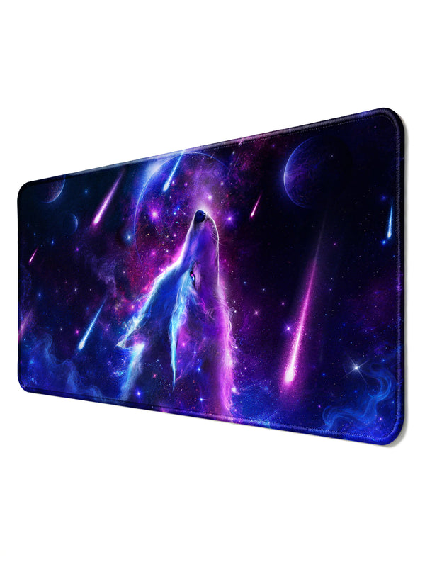 Howling Cosmic Wolf With Shooting Meteors & Planets Desk Mat