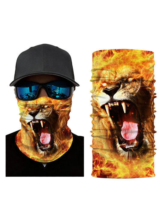Tube Face Mask with 3D all over print roaring lion in fire flames, Streetwear unisex neck gaiter, soft stretchy breathable fabric for outdoor sports