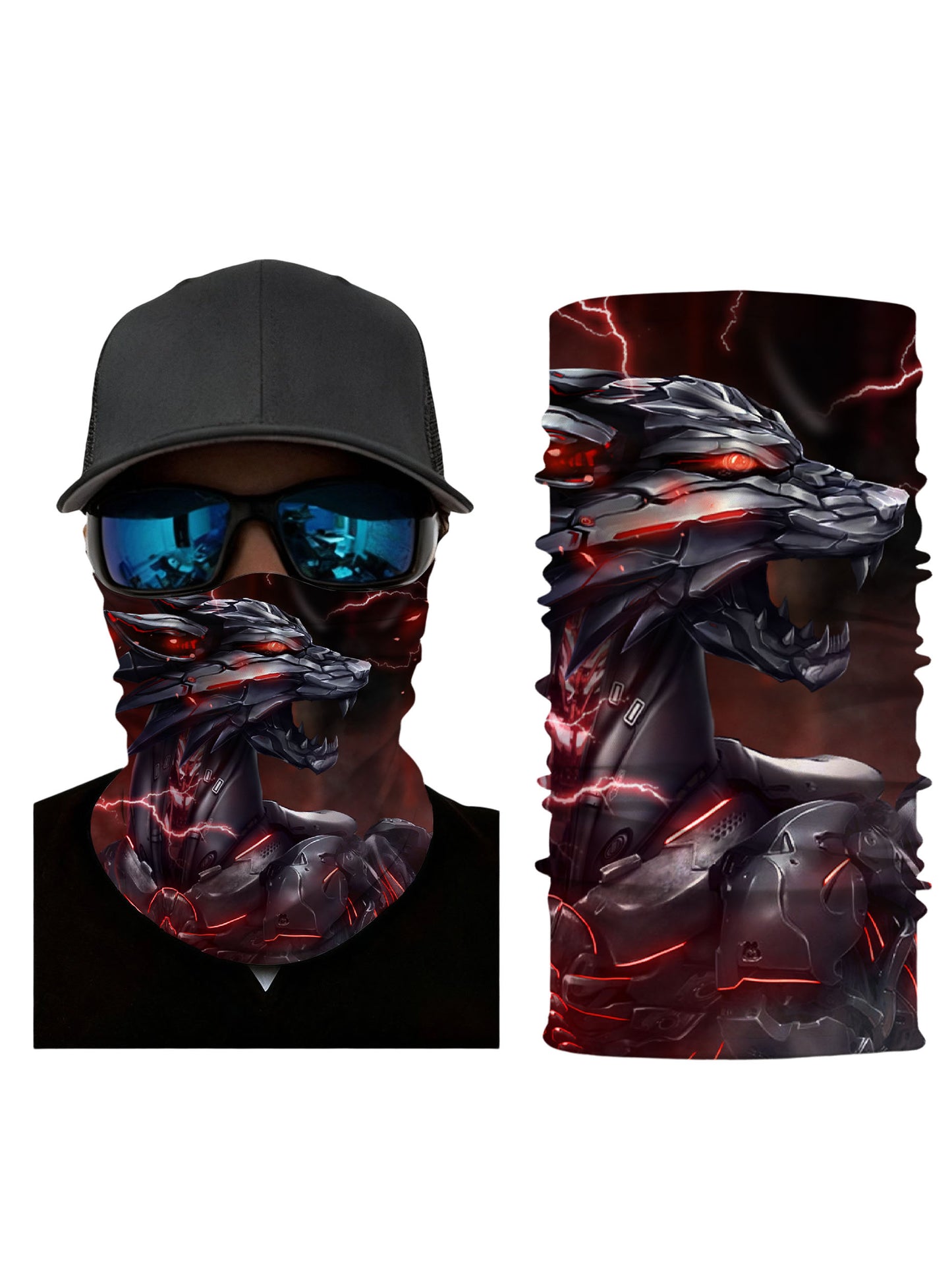 E-Girl E-Boy Cyber Wolf Balaclava with 3D all over print, neon red lightning armor design, unisex soft stretchy tube face mask for gaming and streetwear