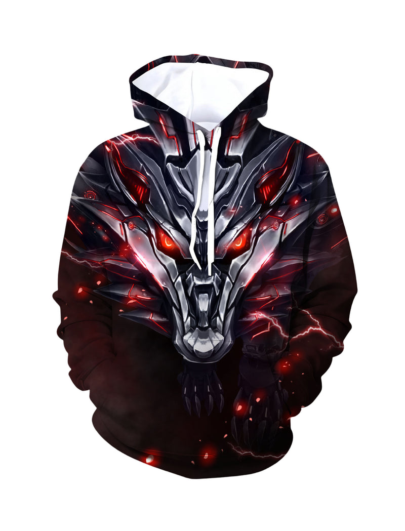 Men Women 3D All Over Print Dragon Hoodie with Red Lightning Glow Design