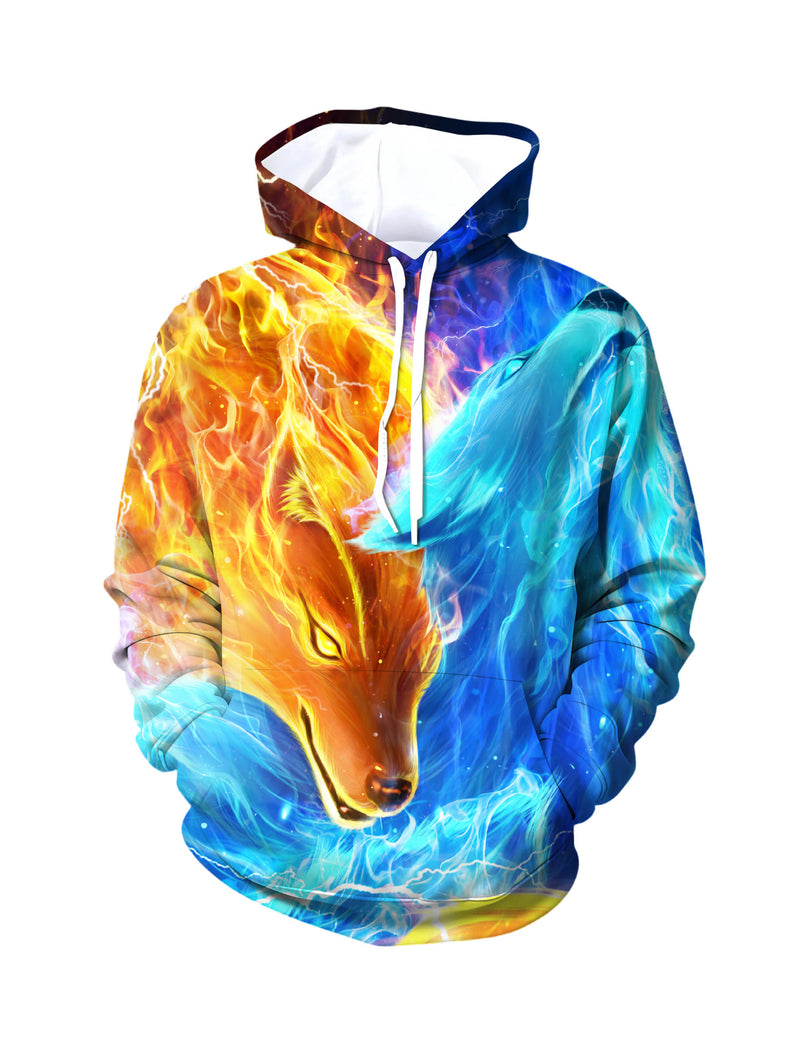 Unisex 3D All Over Print Hoodie Fire Ice Wolf Design Soft Cotton Blend Streetwear