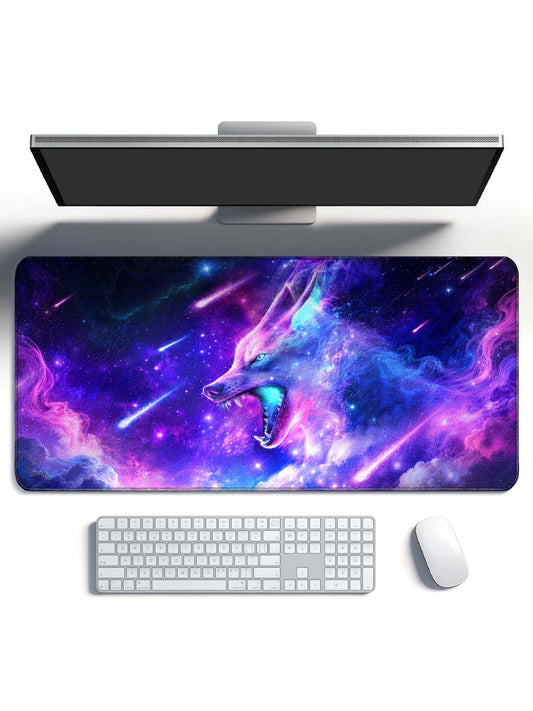 Roaring Cosmic Wolf With Nebula & Shooting Stars Desk Mat