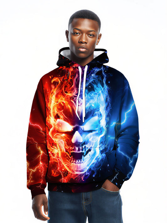 Hoodie 3D All Over Print Fire Ice Skull Streetwear Unisex Cotton Blend Soft Fit