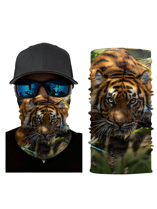 Unisex 3D Tiger Face & Tropical Flowers Neck Gaiter – Nature Aesthetic, Breathable for Outdoor Wear