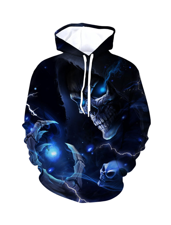 Men Women 3D All Over Print Skull Hoodie with Blue Lightning Glow Effect