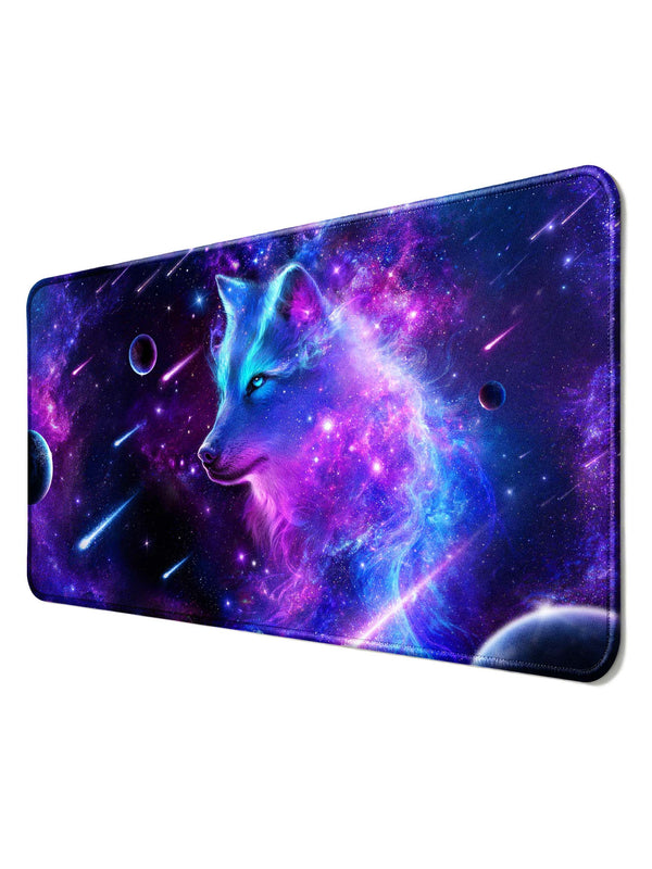 Side Profile Cosmic Wolf With Planets & Shooting Meteors Desk Mat